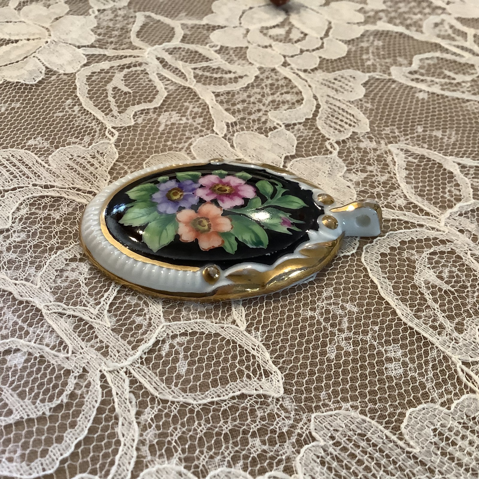white black floral hand painted large porcelain vintage pendant 2.5″ victorian