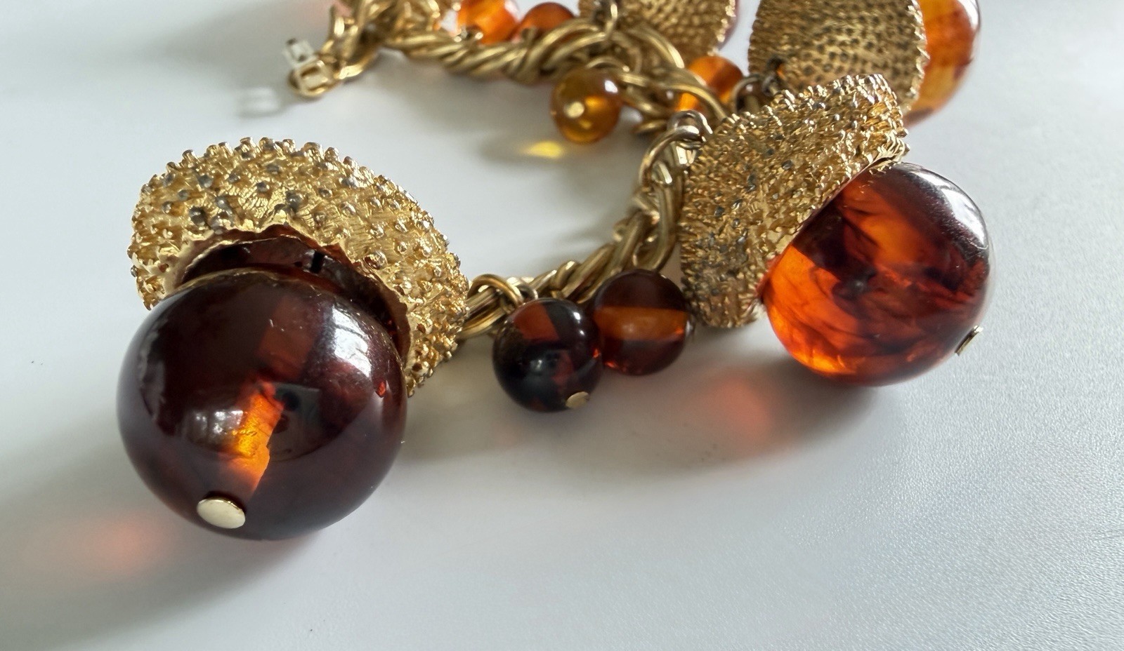 Vintage MCM Chunky Acorn Charm Bracelet Oversized Amber Glass Style Lucite Gold