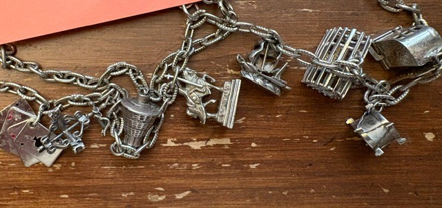 Collection 8 Vintage Sterling Siver Charms on Silver Chain 22″ long