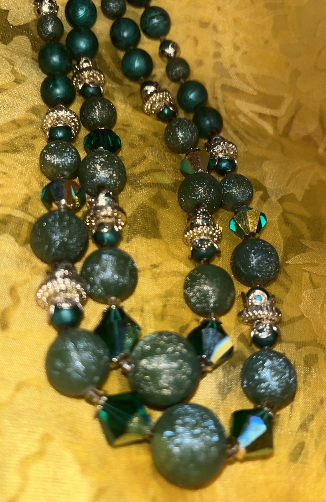 Vintage Green Beaded Acrylic Necklace Japan 18” Double Strand, Gold Tone