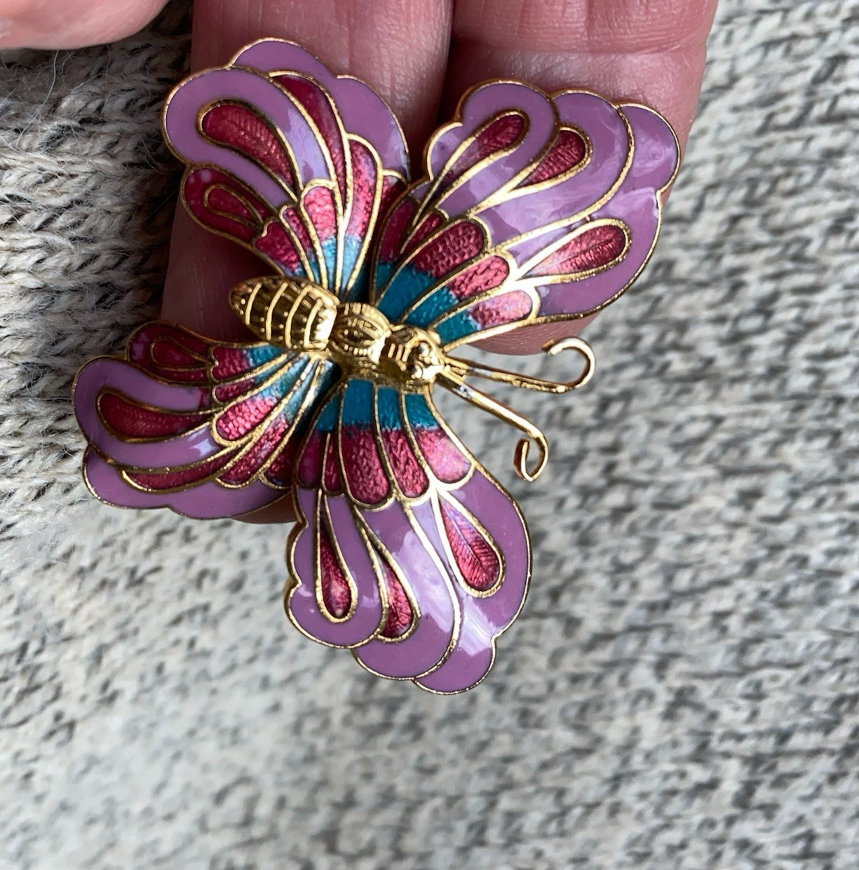 Vintage Butterfly Brooch Cloisone 3D Enamel Pink Lepidoptra 80s Gift Gold Tone