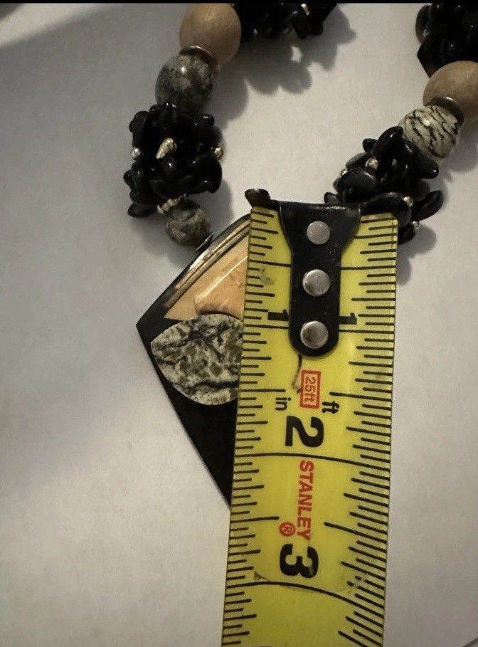 Boho Wood Bead Chain Necklace With Lucite And Stone Pendant & Lucite Accents 24”