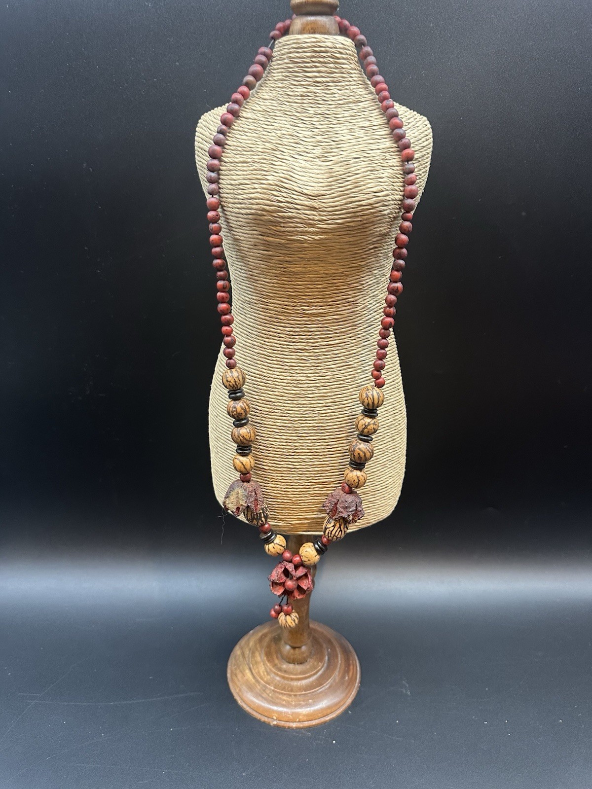 Boho Natural Seed Pod Necklace 16” Wood Beaded Red Brown Earthy Statement
