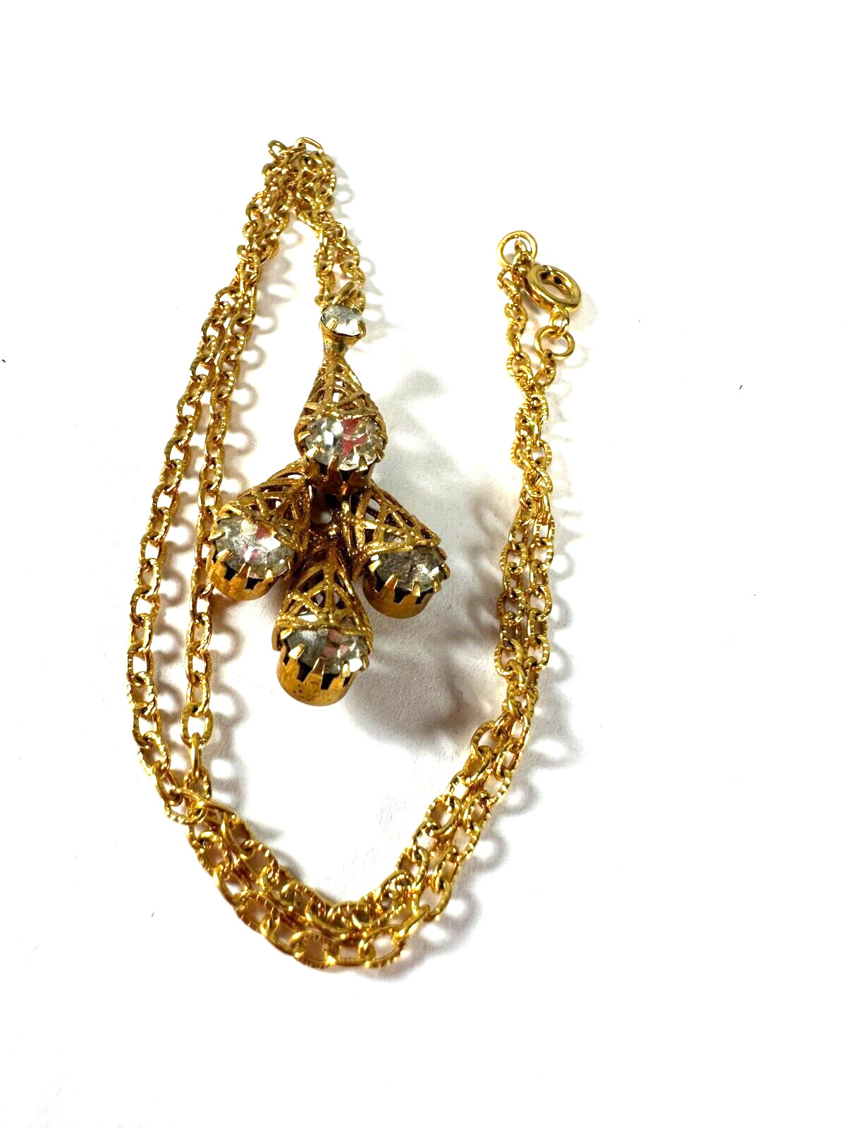 Vintage Necklace Rhinestone Pendant Filigree Cone Cap Goldtone Chain