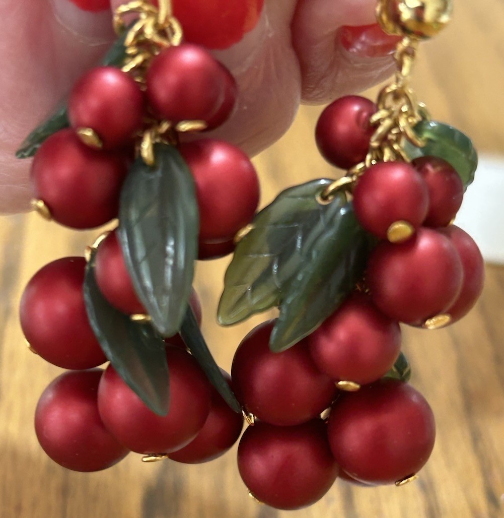 Vintage Avon Cha Cha Earrings Cluster Drop Red Berries Acrylic Molded Leaves