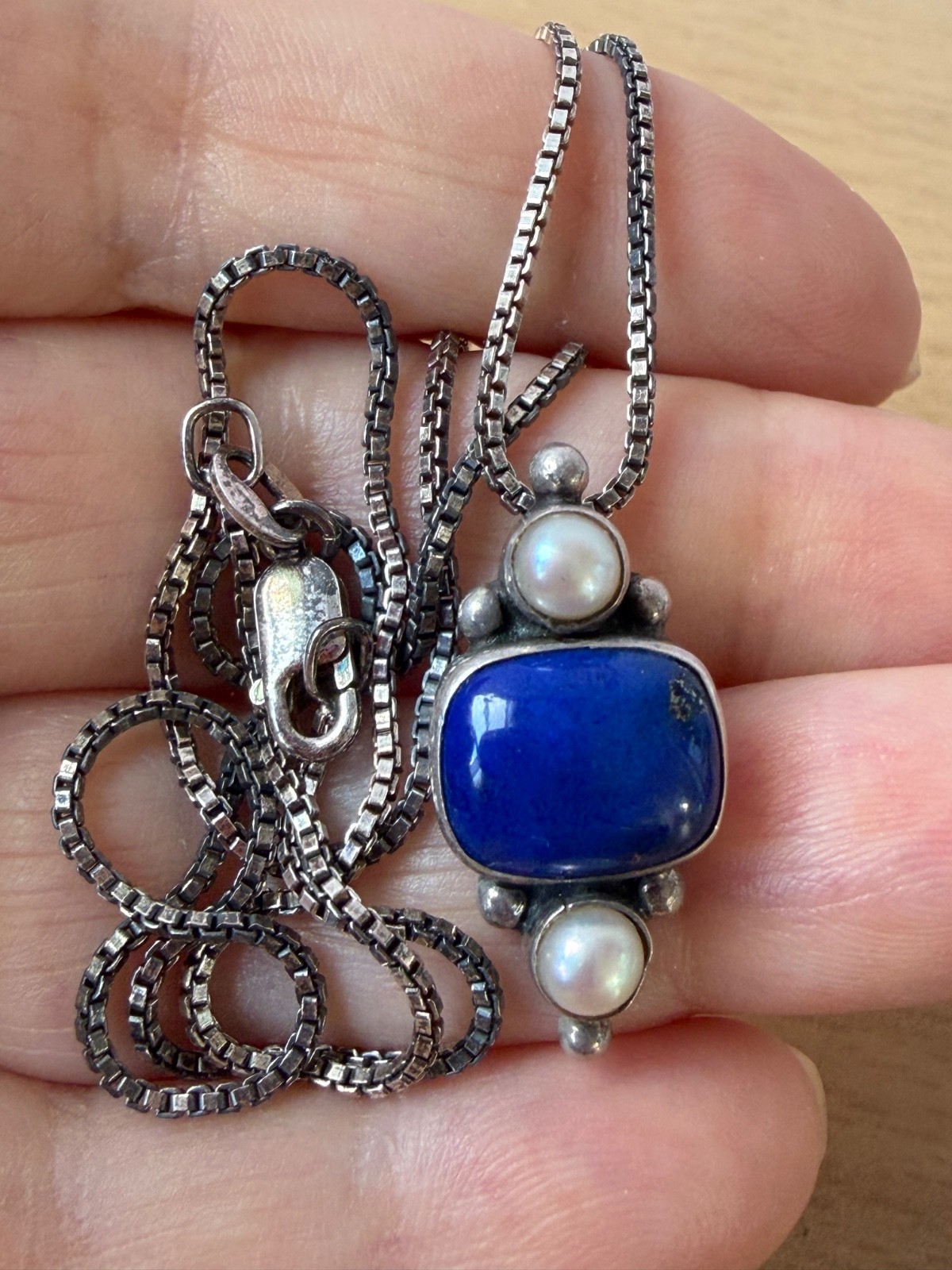 VINTAGE JGD JANICE GIRARDI LAPIS PEARL PENDANT CHAIN NECKLACE 925 STERLING SLVER