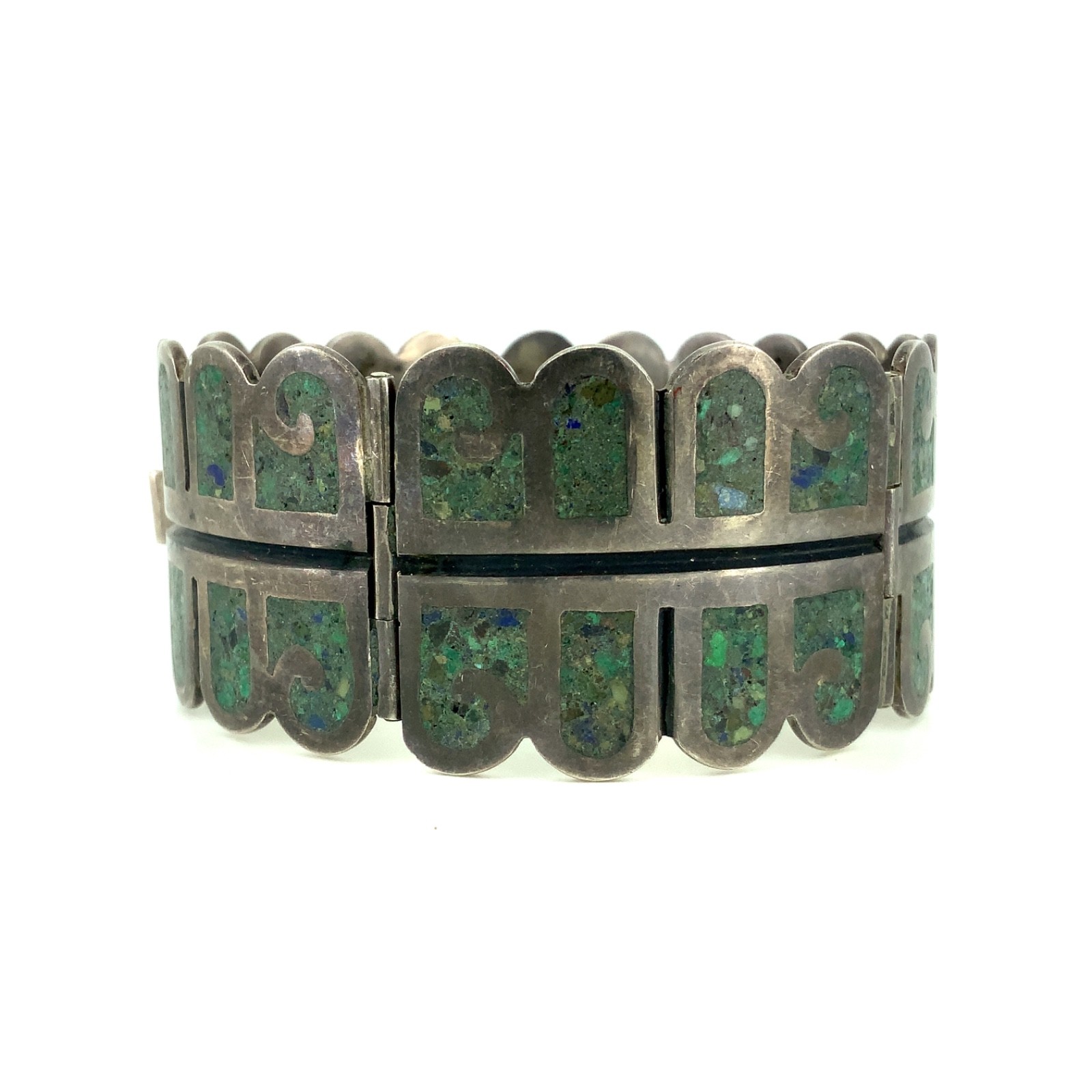 RQH Vintage Mexican Turquoise Chip Inlay, Sterling Silver Hinged Panel Bracelet