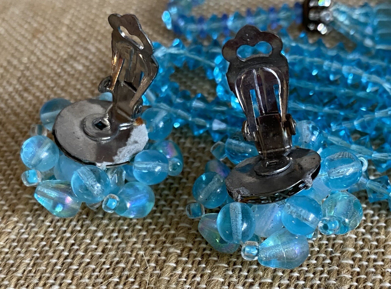 Signed On Earrings, Germany, Iridescent Clip On Earrings, Blue Crystal Necklace