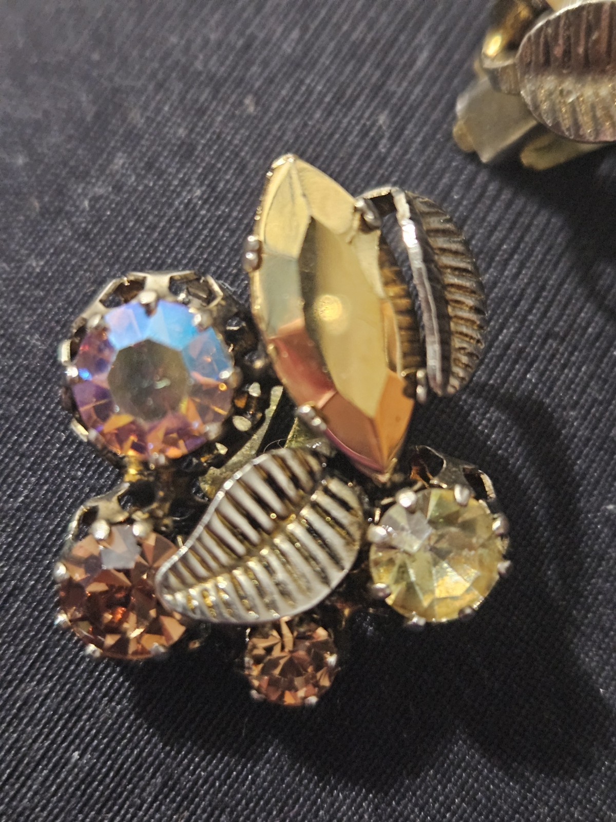 VINTAGE, 1980’S GOLD-TONE CLIP ON EARRINGS WITH RHINESTONES & LEAVES; AUSTRIA