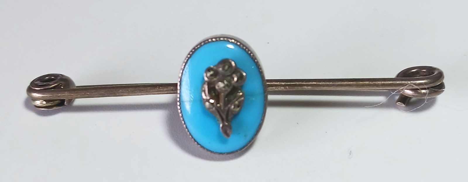 Hallmarked Antique Bar Pin: Turquoise Oval Stone w Marcasite Flower Bouquet