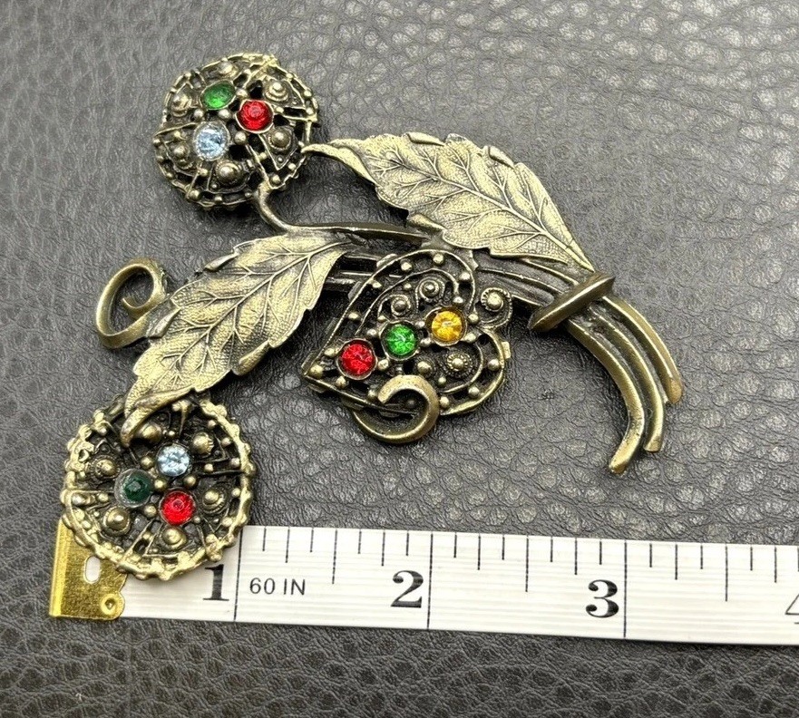 Huge Vintage Pot Metal Flower Leaf Brooch Fruit Salad Rhinestone Flower Bouquet