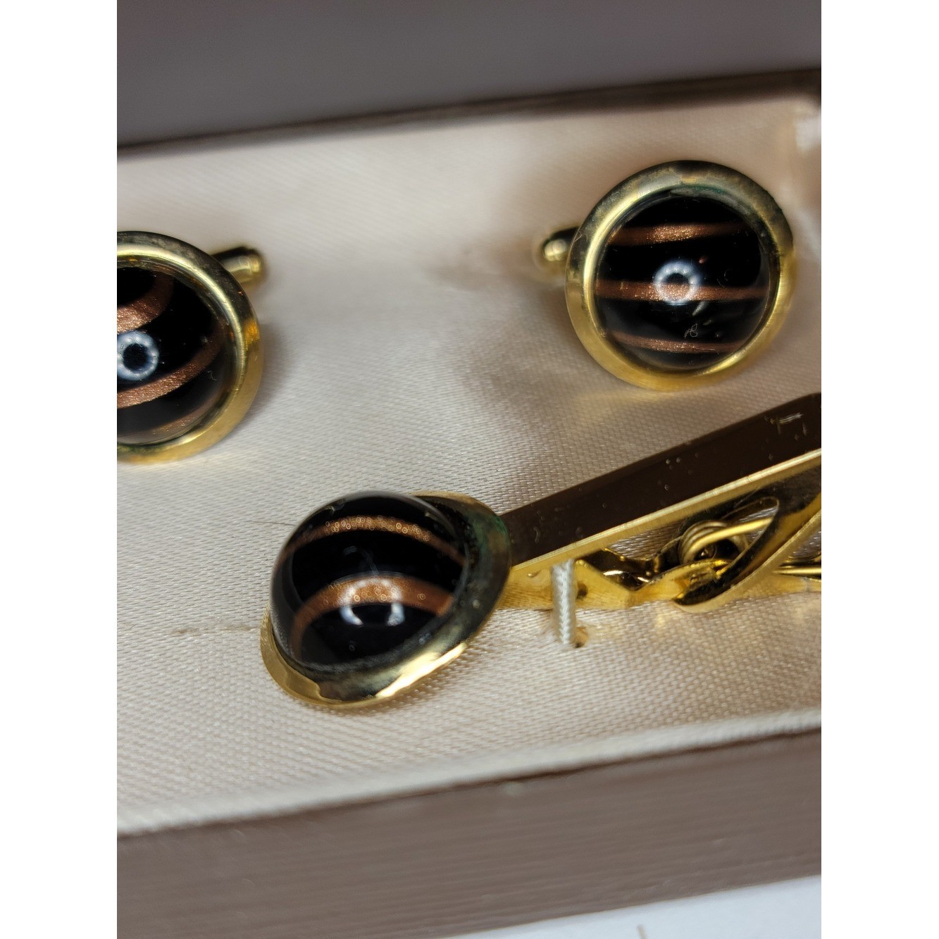 Vintage Black Copper Swirl Cufflinks Tie Clip Set Gold Tone Mid Century Original