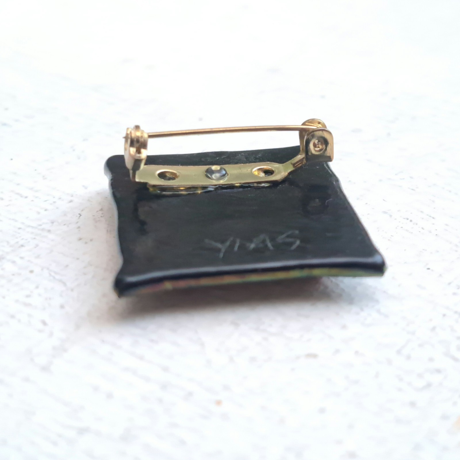 Vintage Handmade Dichroic Brooch—Nature Scene—Red Goldtone and Iridescent Green