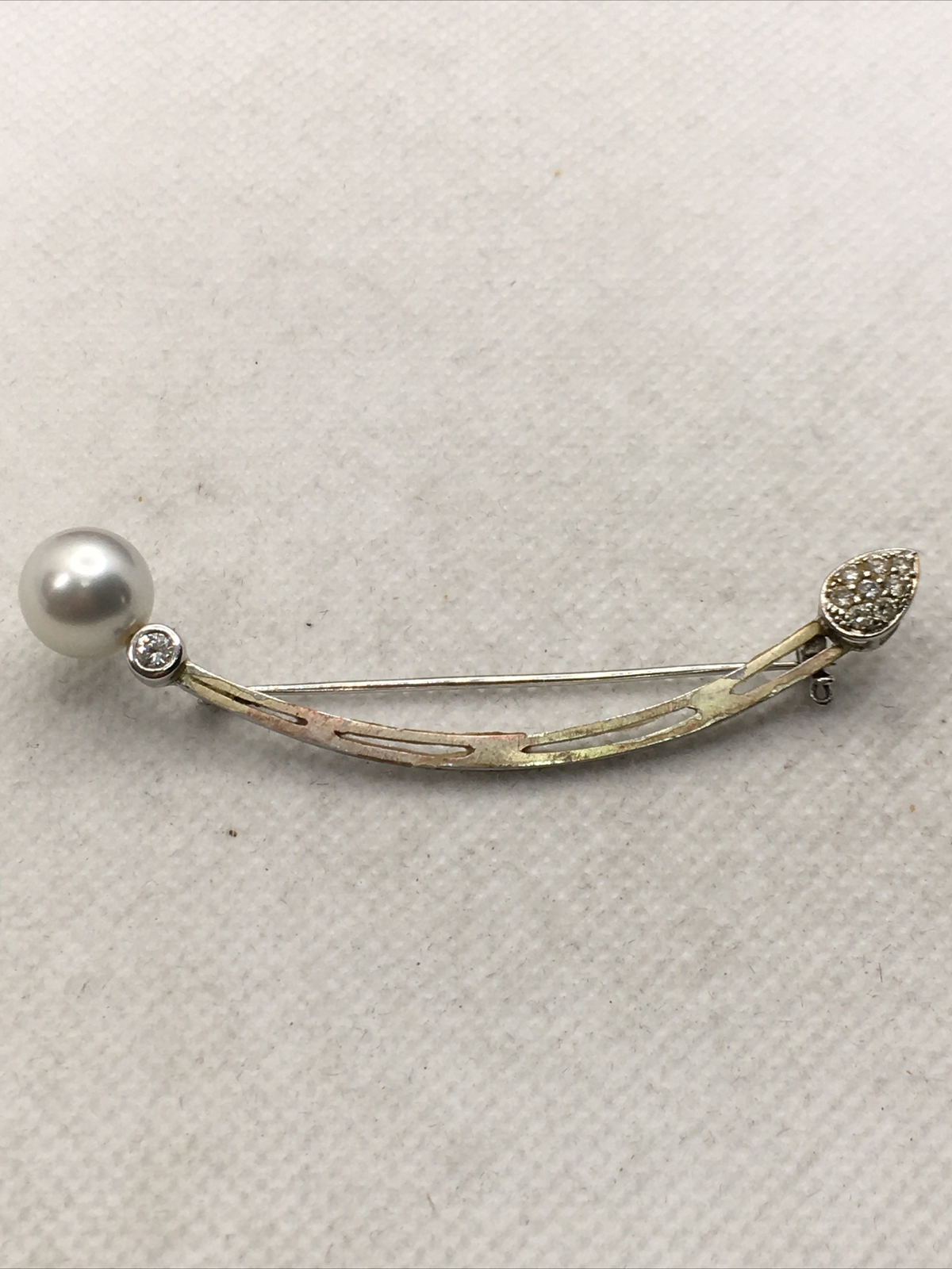 VINTAGE 18K White Gold South Sea Pearl & 0.35CTW Diamond Handmade Pin Brooch 6gr