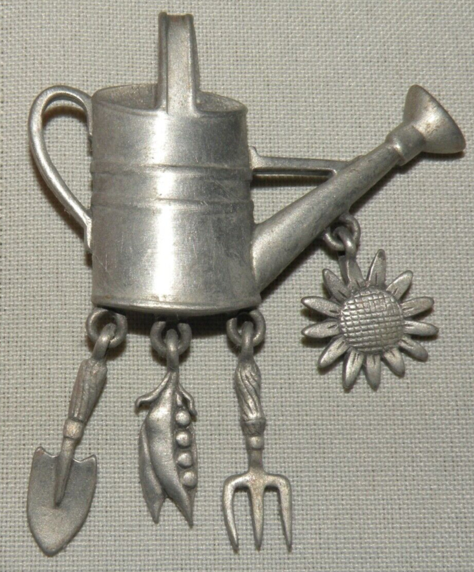 Vtg. JJ Jonette Silver Tone Garden Theme Tools, Watering Can, Flower, Dangle Pin