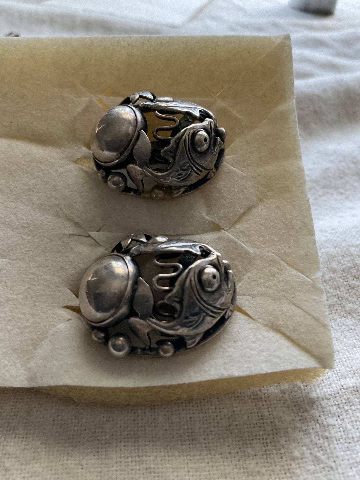 Vintage n e from unsigned Denmark Sterling Fish earrings screwback now omega