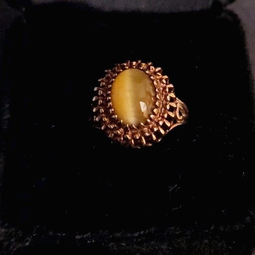 10K Yellow Cat’s Eye Cocktail Ring-Yellow Gold-Synthetic, Vintage MCM