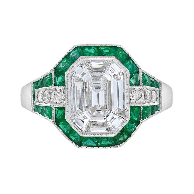 Art Deco 3Ct Lab Created Diamond and Emerald Anniversary 14K White Gold FN Ring