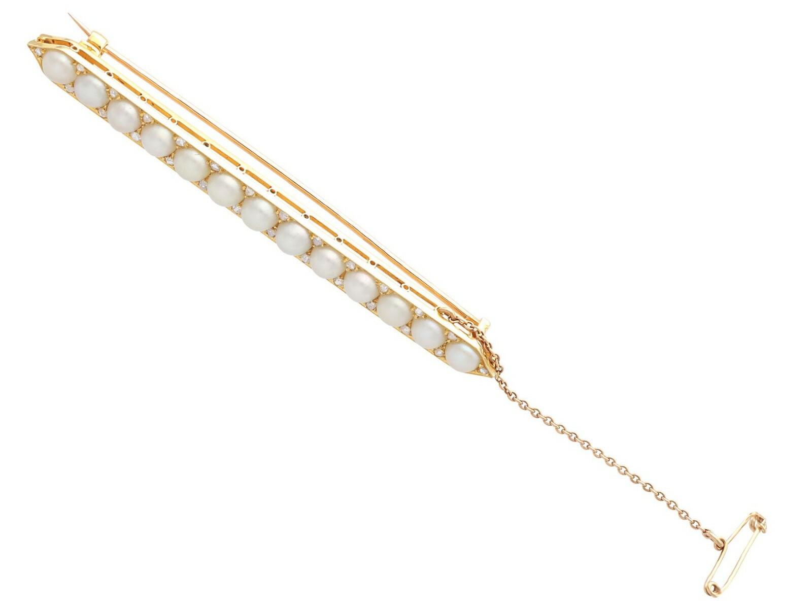 Natural Pearl and 0.78ct Diamond, 18ct Yellow Gold Bar Brooch – Antique
