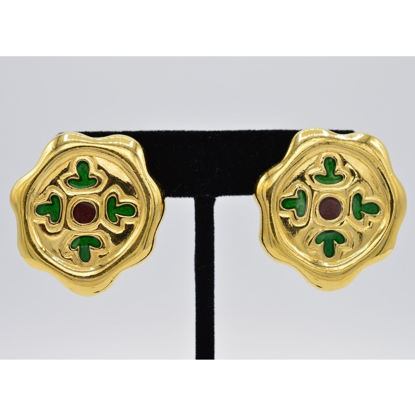 Givenchy Vintage Clip On Earrings Chunky Gold Green Red Enamel Signed 1980s BinX