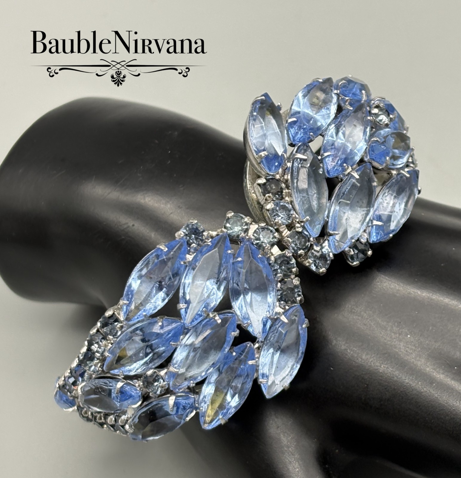 Vintage Icy Blue Prong Set Glass Stones Hinged Extra Wide Cuff Bracelet