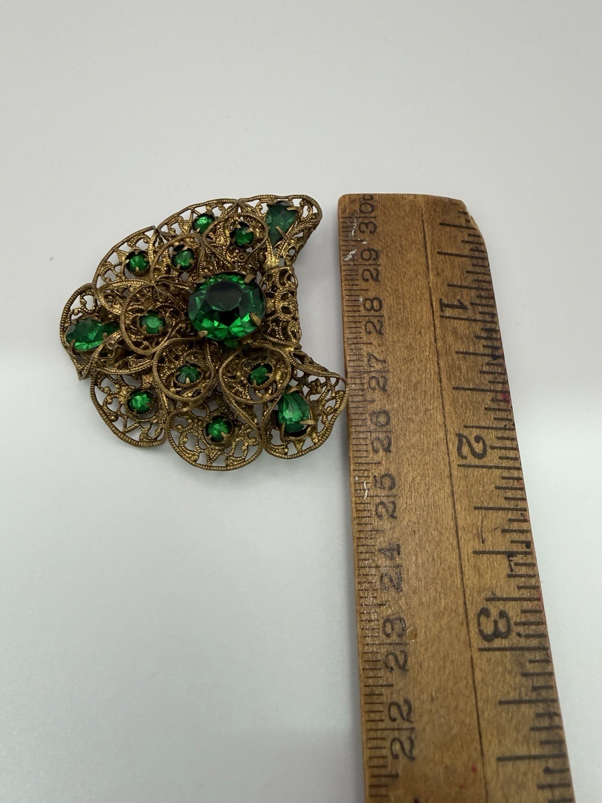 Victorian Czech Gold Tone Filagree Green Stone Dress Clip/ Pin Antique