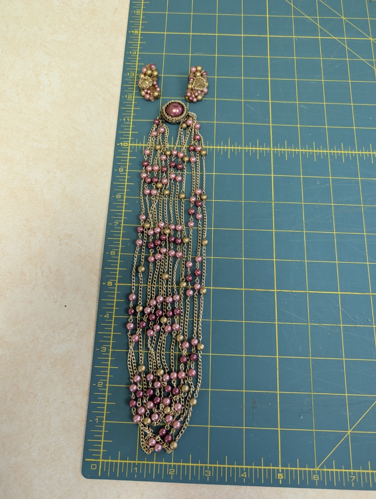 Made in Japan Vintage Jewelry Set Pink & Pearl & Gold Necklace & Earrings