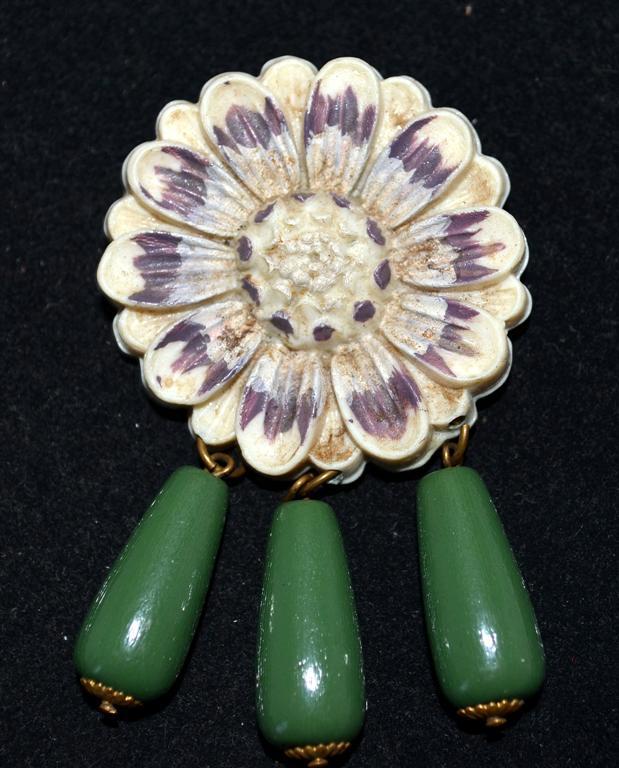 Vintage Cream & Purple Early Plastic Flower Pin with 3 Dark Green Wood Tassels