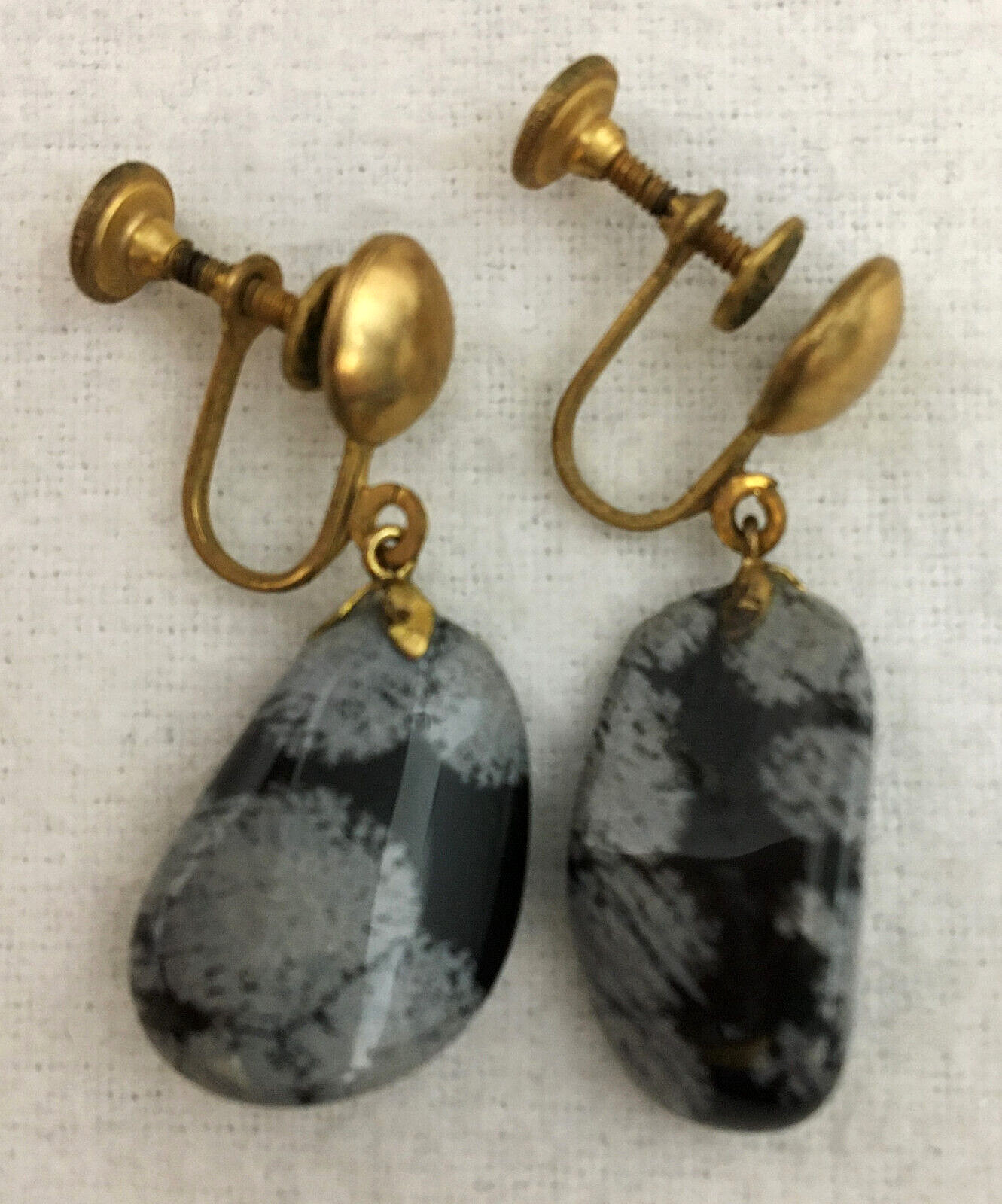 VTG 3 Piece Set GoldTone Polished Stone Bracelet Earrings Pendant Obsidian