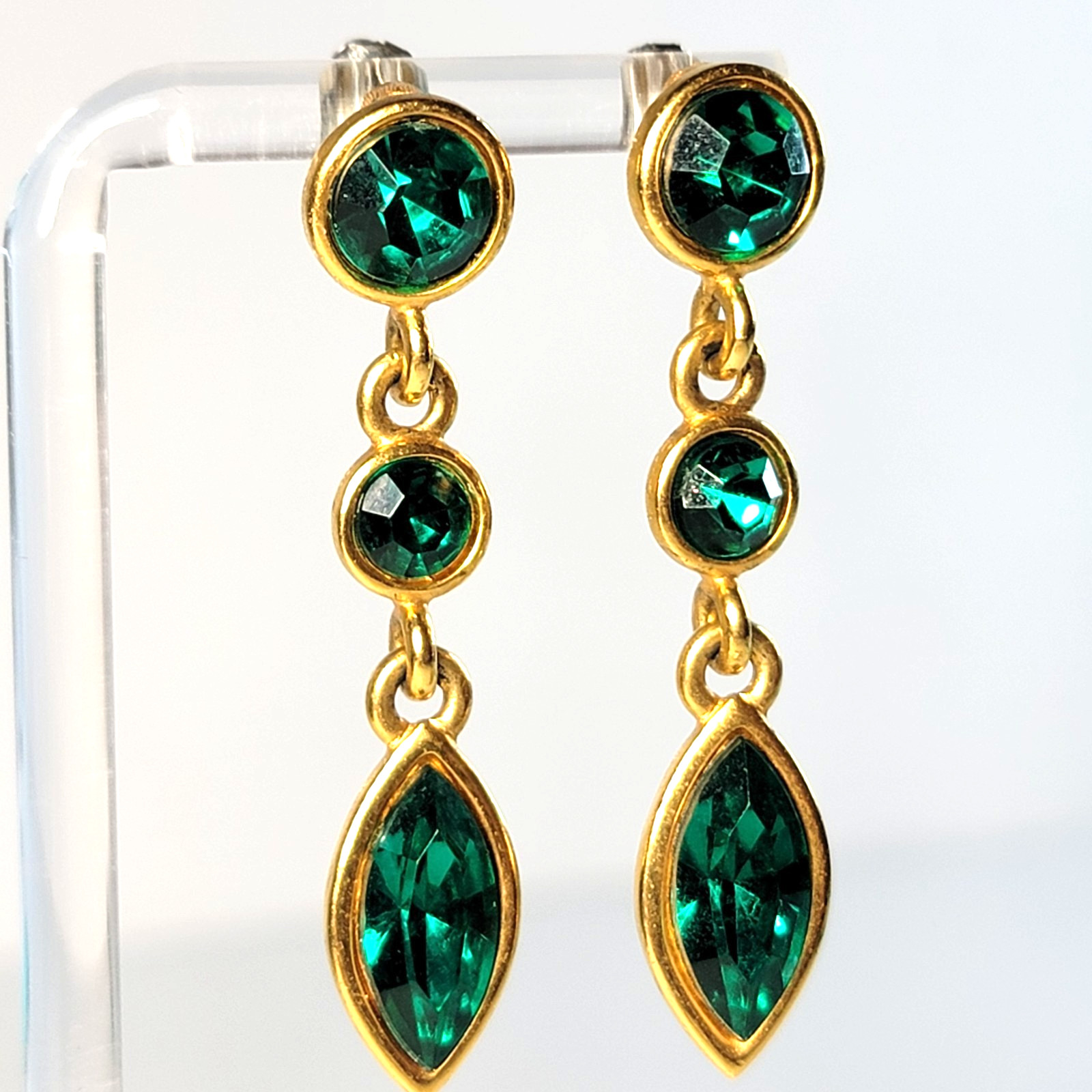 Vintage Napier Dark Green Faux Emerald Earrings 2″L Gold-tone, signed