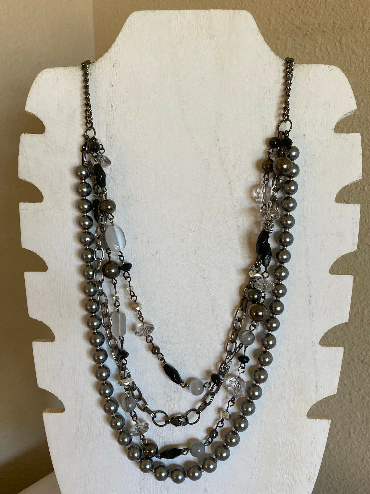 Vintage Four Strand Gray Faux Pearl, Bead and Chain Necklace – 24″