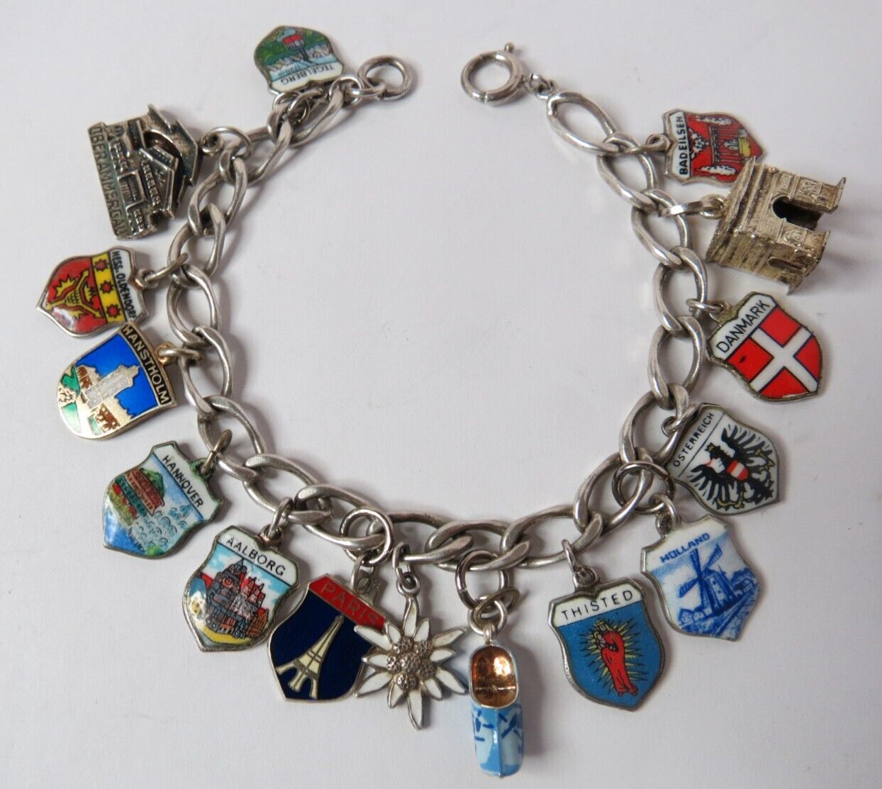 VTG SWISS WOMEN STERLING & 800 SILVER ENAMELD 15 CHARM CHAIN 7 1/4″ BRACELET 29g