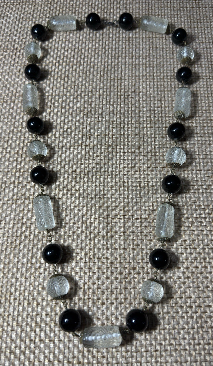 Vtg Molded Pressed Glass Bead Necklace Embossed Floral Art Deco Black Clear