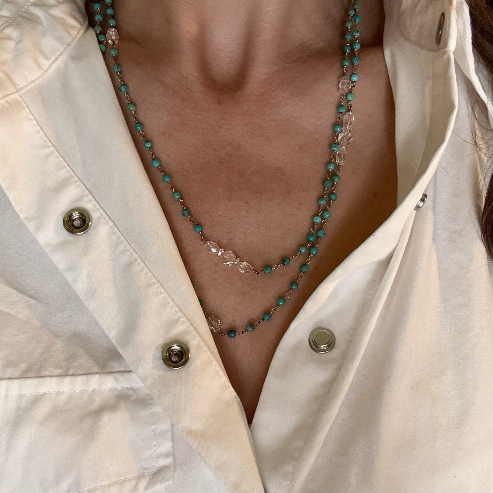 Vintage Sterling Turquoise Quartz Crystal Long Necklace 44” Artisan