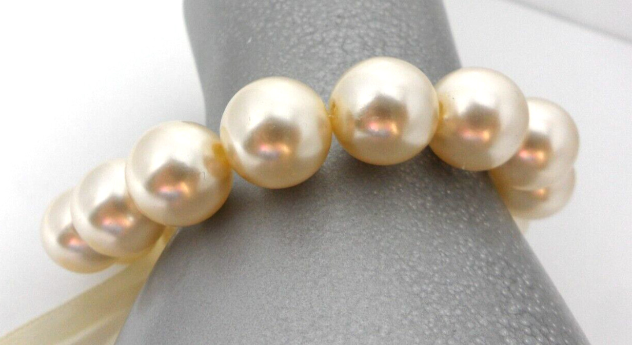 Vtg Beaded Stretch Bracelet Chunky 11 mm Champagne Faux Pearl Granny Cottage 7″