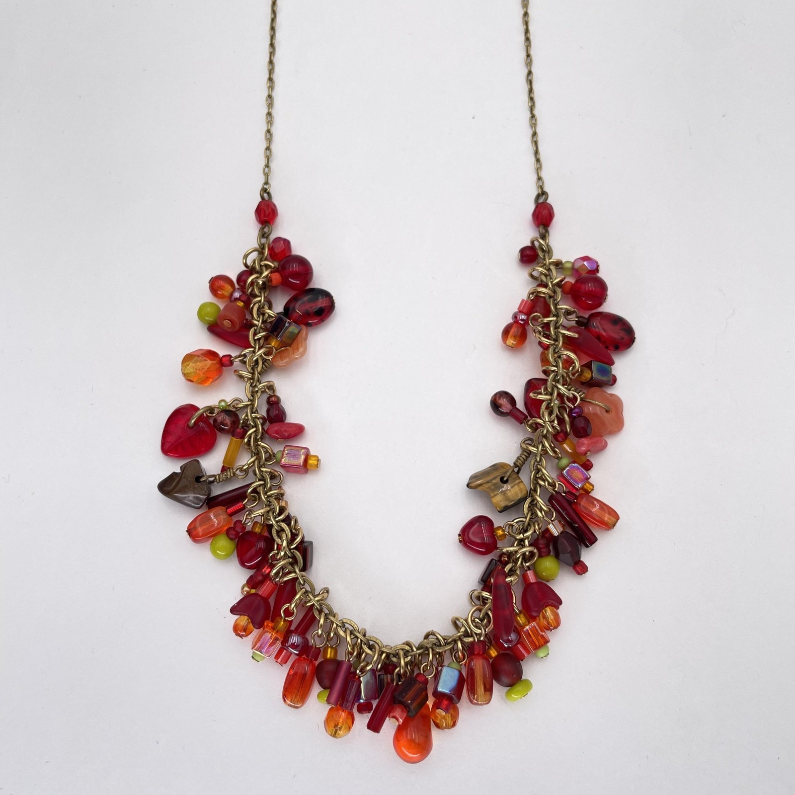 Red Multicolor Beaded Statement Bib Necklace Brass Chain Boho Jewelry