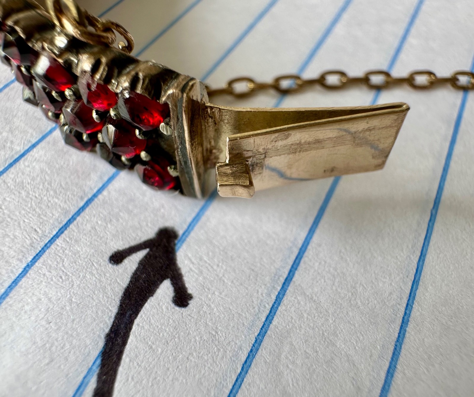 Antique rose cut Garnet & Silver bangle Hinged w/safety chain (see cond.)