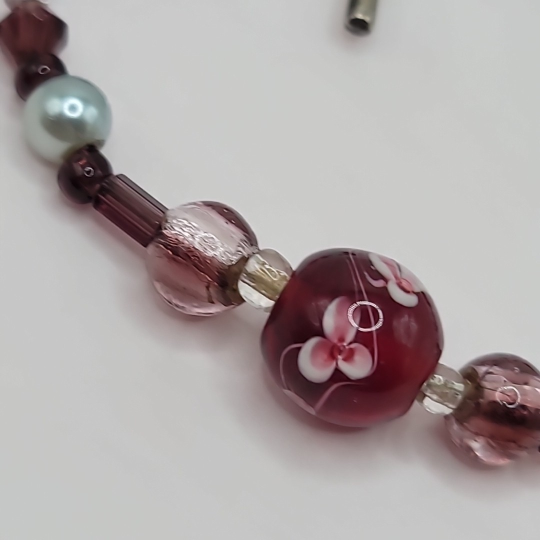 Vtg Floral Red Glass Pink Purple Beaded 6.25″ Bracelet Toggle Clasp