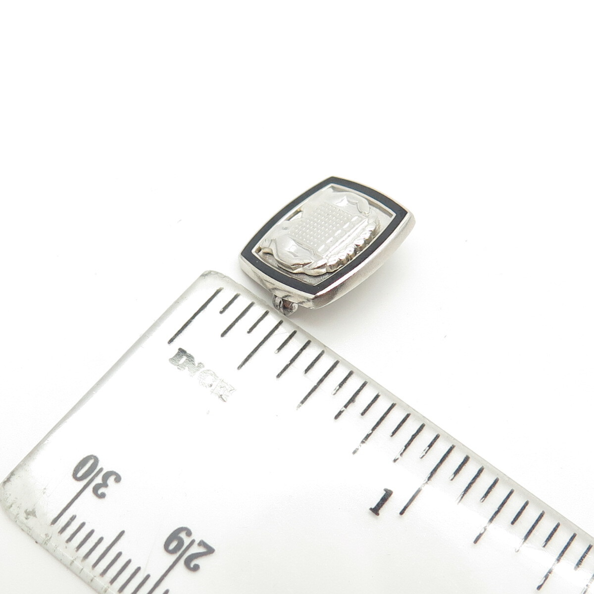 925 Sterling Silver Vintage cTo Black Enamel Protect Buildings Pin Brooch