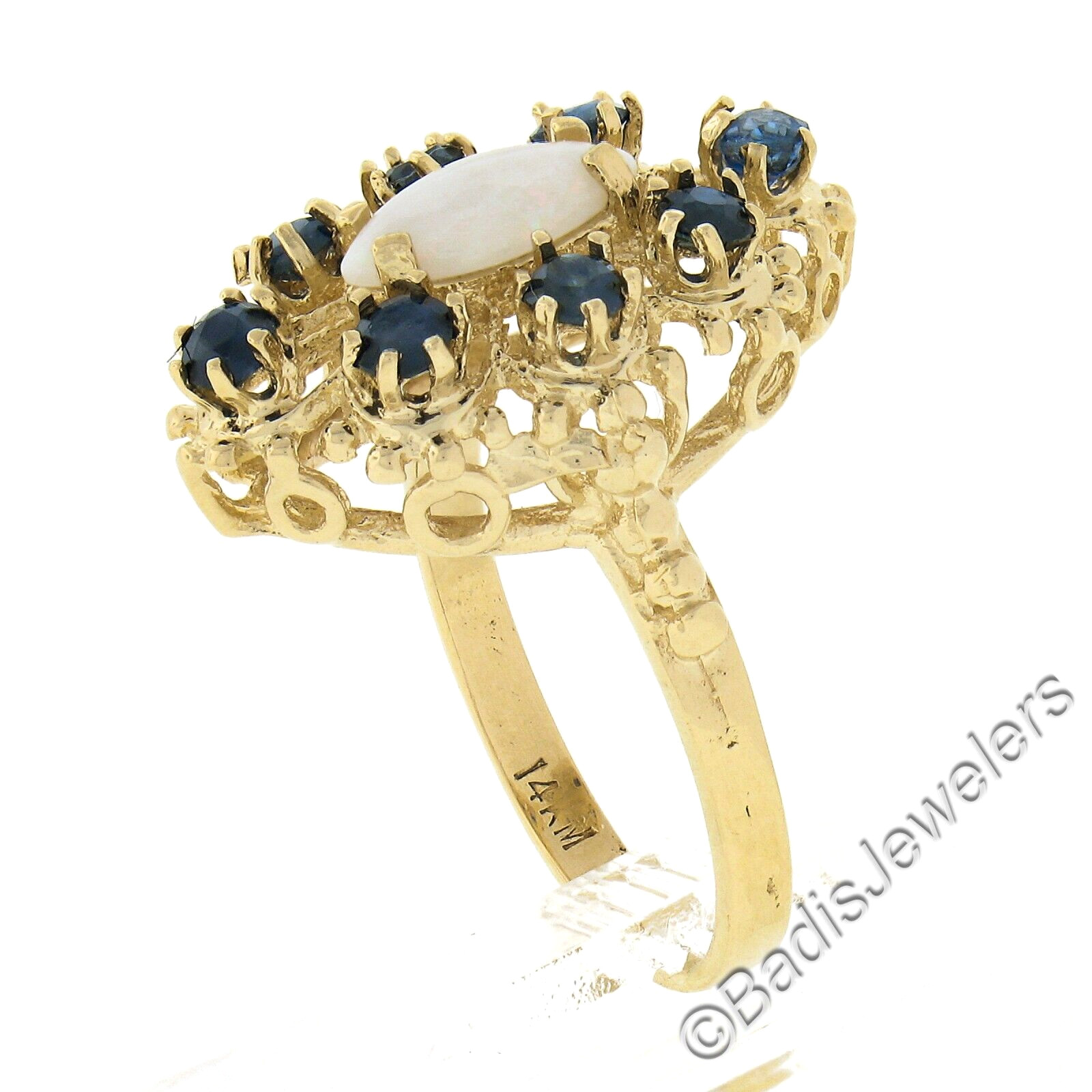 Vintage 14k Gold Marquise Cabochon Opal & .40ct Sapphire Open Textured Work Ring
