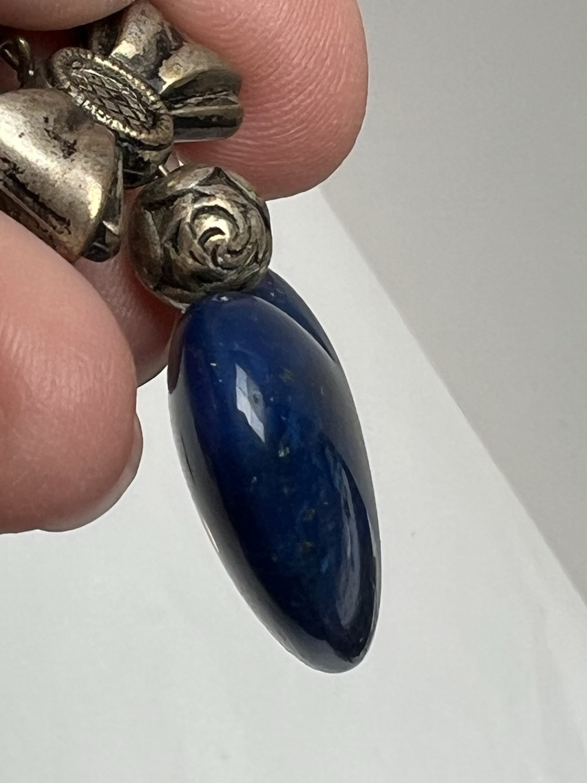 Vintage Blue Dyed Agate Puff Heart Dangle Pierced Earrings 2.5” Silver Tone Bow