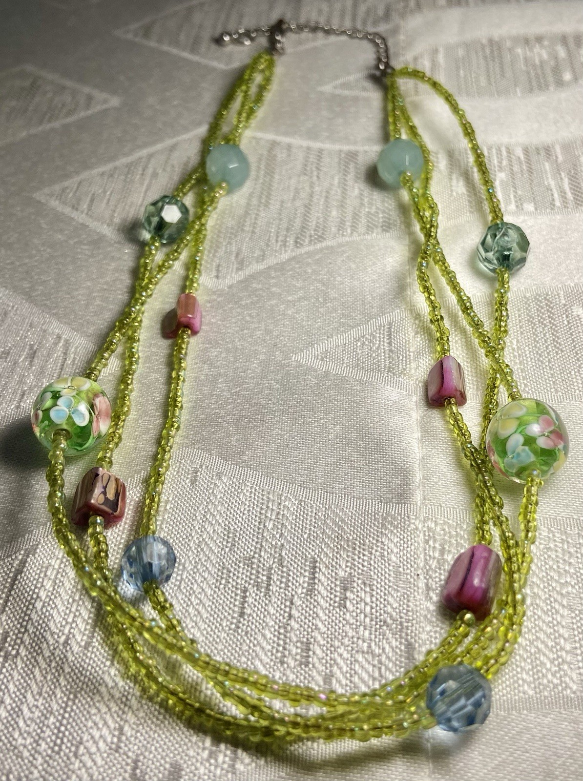 Vintage Multi Strand Beaded Necklace Floral Green Milleflori Style Adjustable