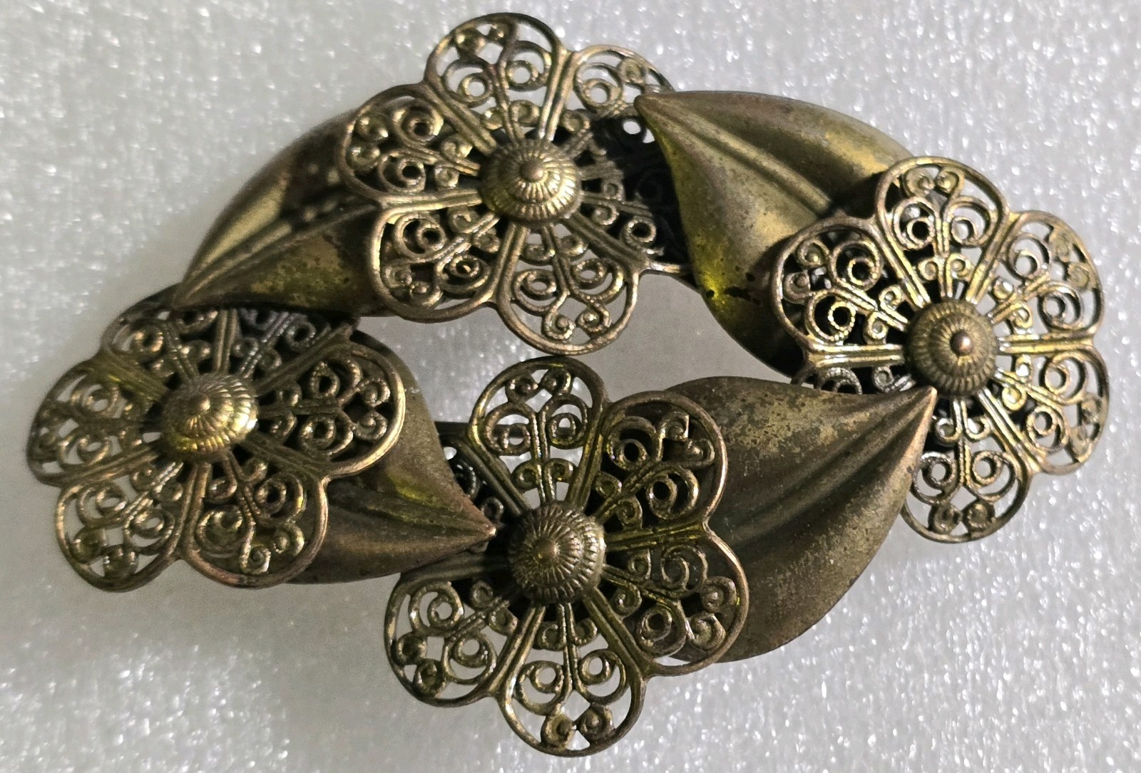 Antique Vintage Floral Filigree Brass Riveted Circle style Brooch