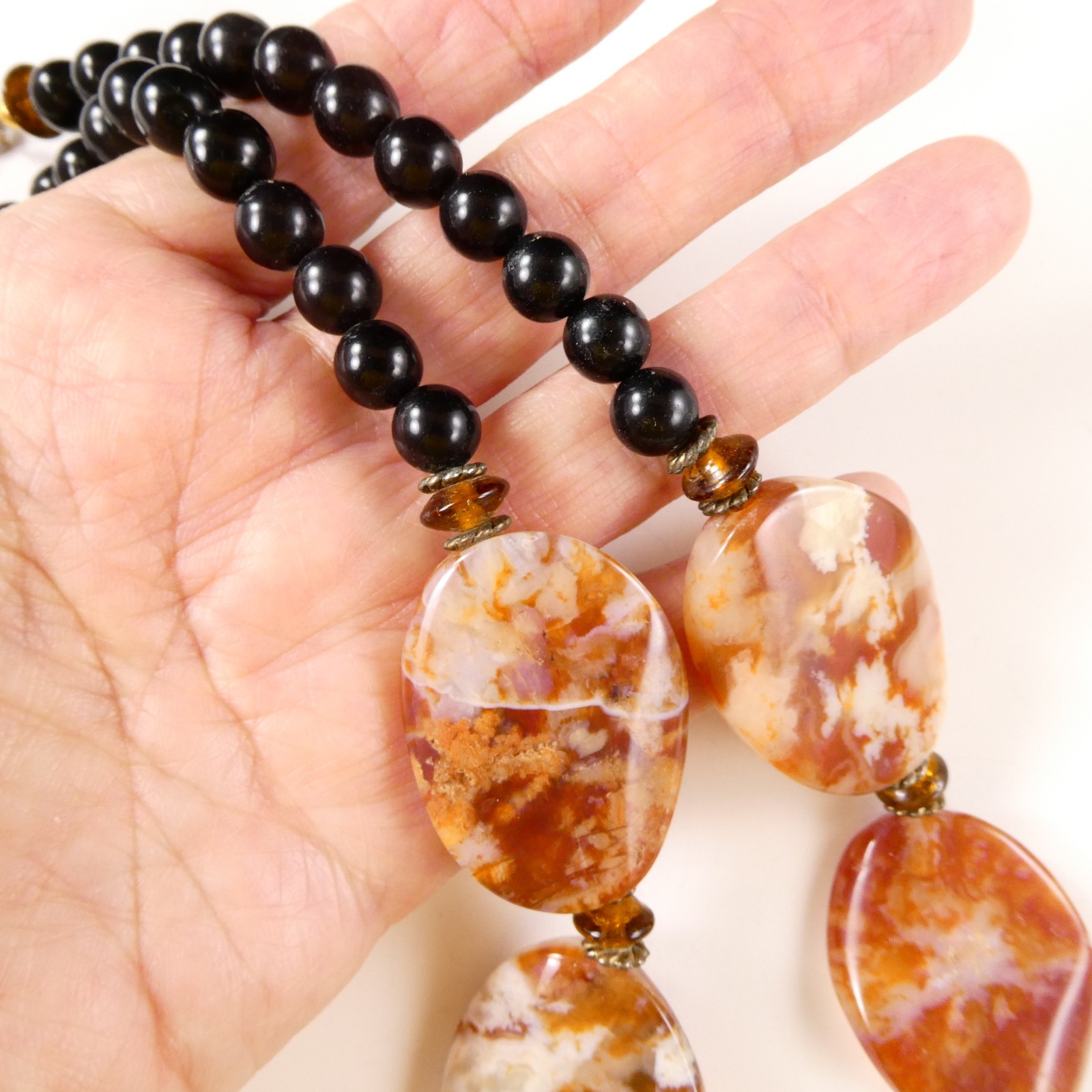 Brown Marbled Agate Stone Necklace Earthtones Black Beads 19″ Length