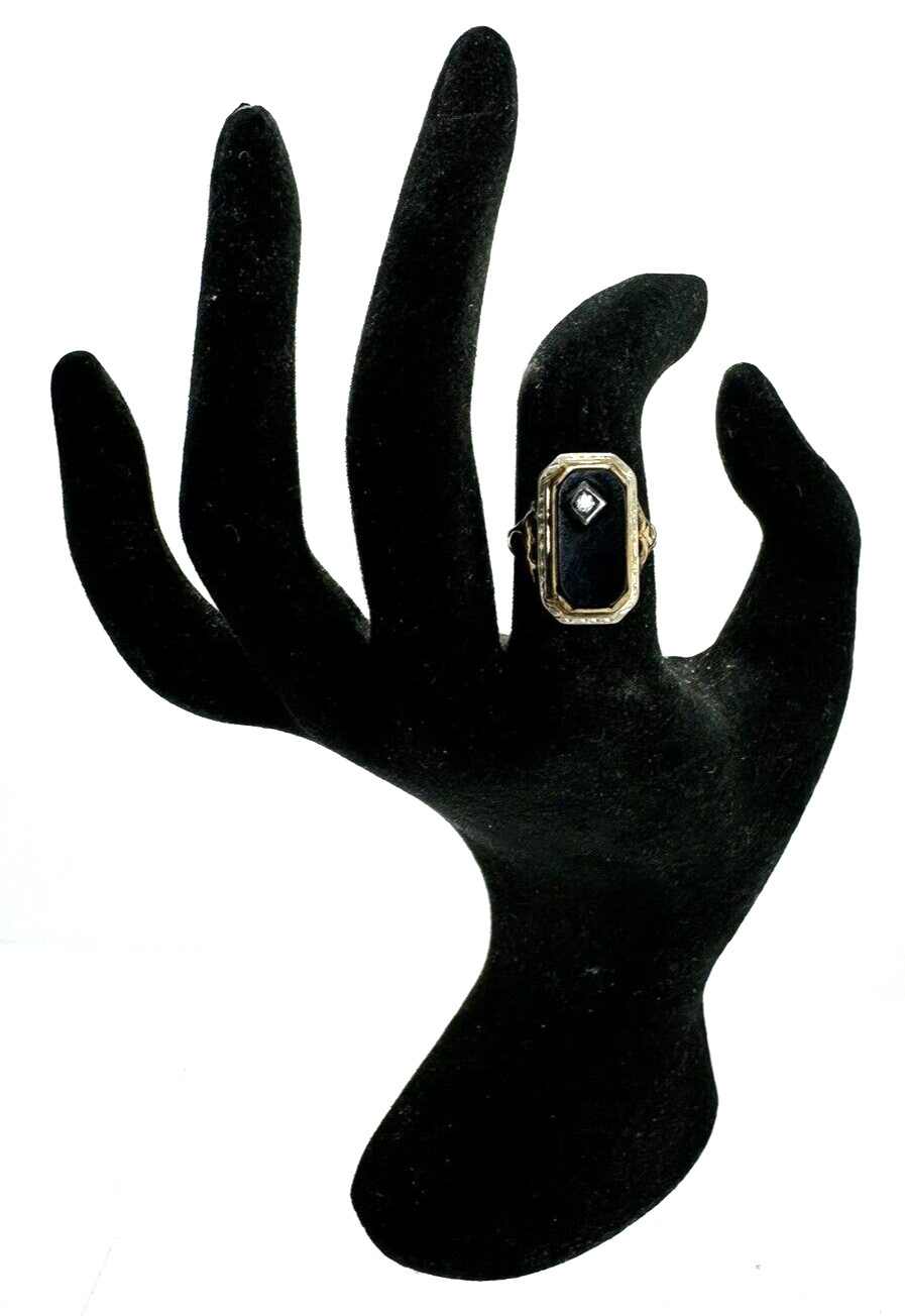Vintage 10K Yellow and White Gold Black Onyx Diamond Ring Size 6.75