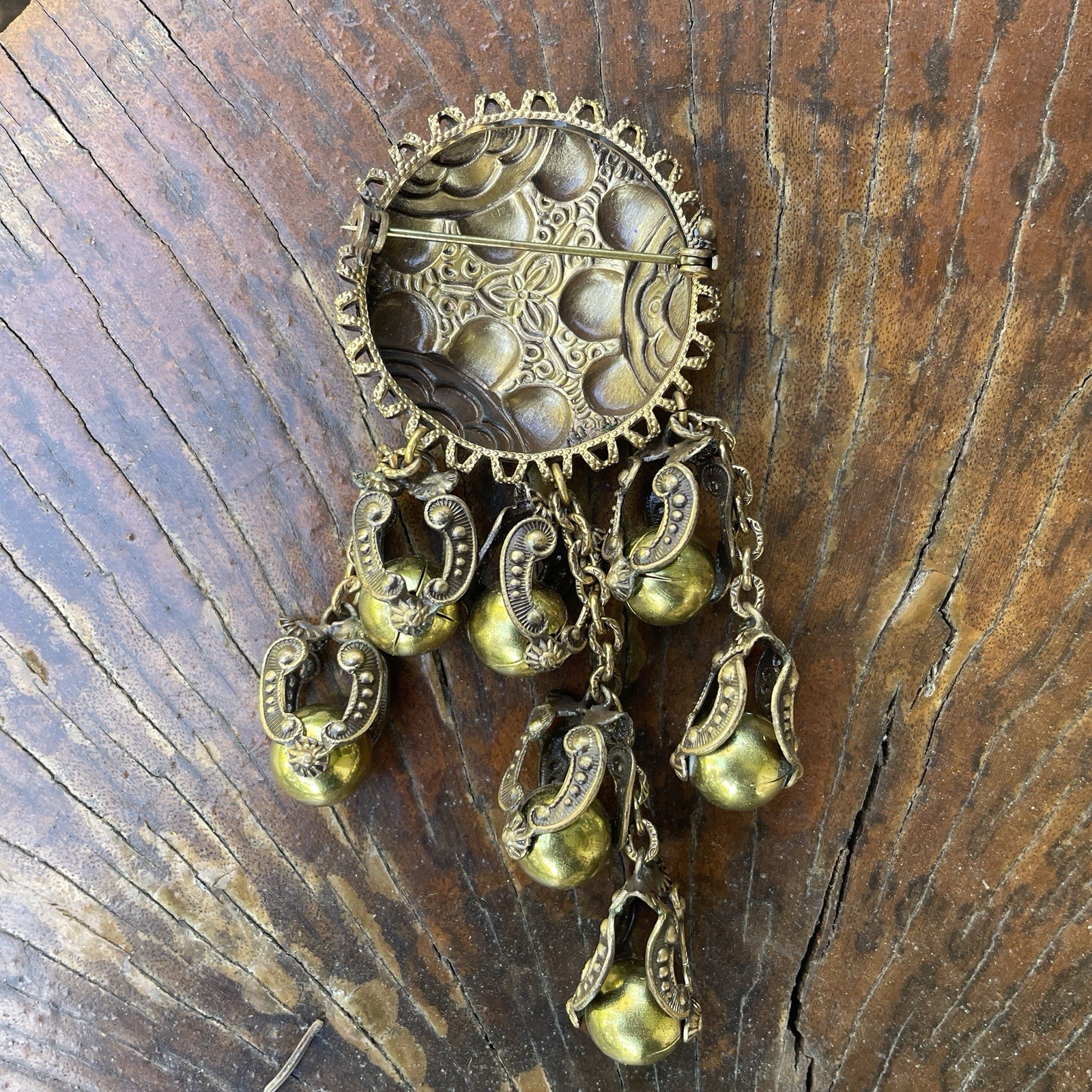 Sterling Button Company NY Brass Repousse Festoon Brooch Unsigned Statement