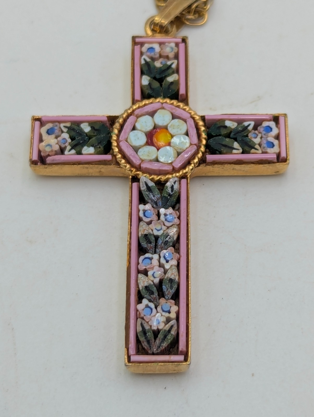 Micro Mosaic Italy Floral Cross Charm Pendant 1 3/4″ Necklace 18 1/2″ Gold Tone