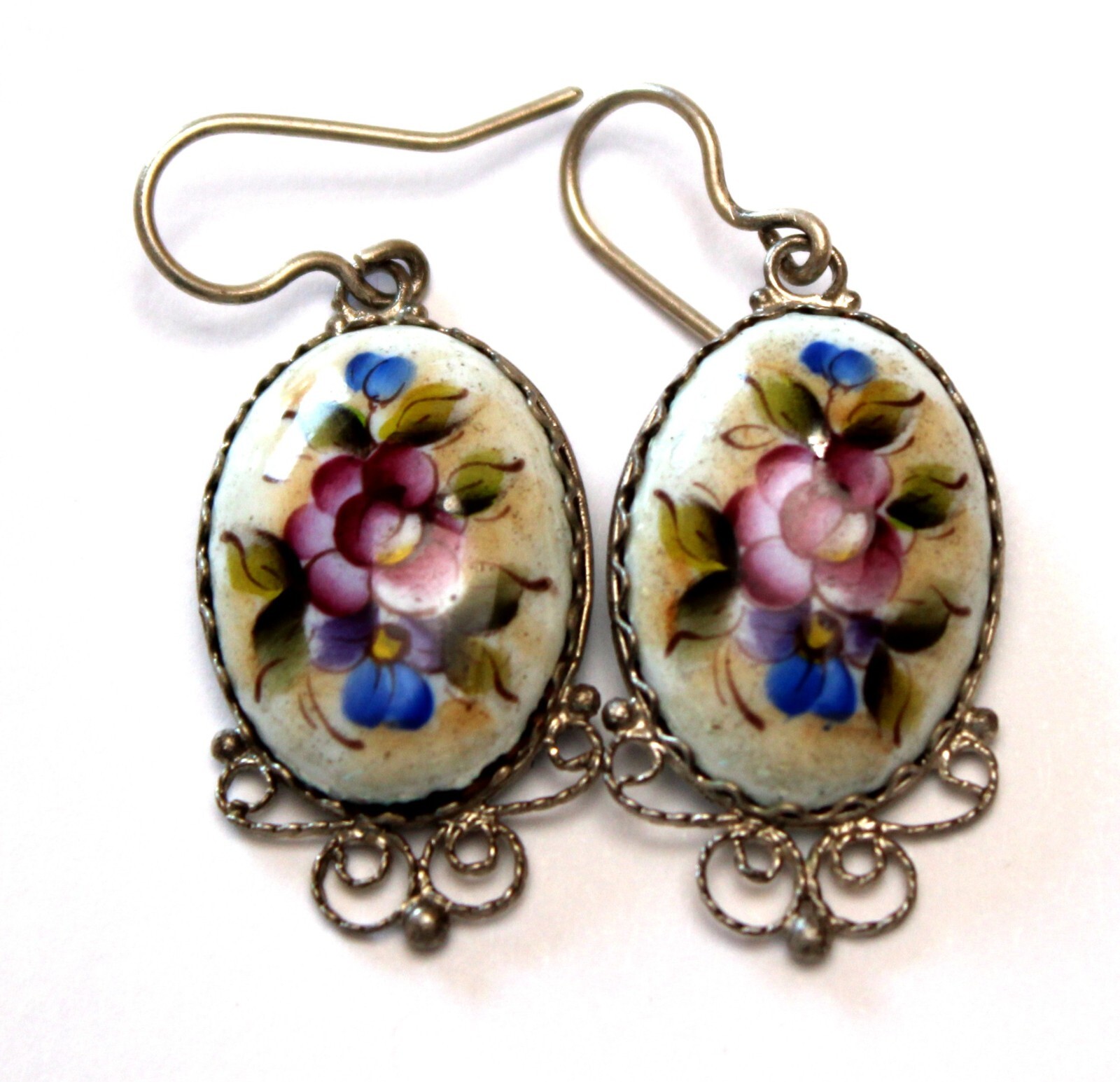 Vintage Unique Russian Enamel Hand Painted Jewelry Set Earrings & Necklace #27a