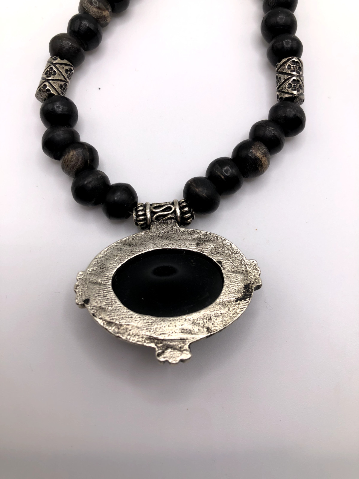 Vintage Black Beaded Necklace & Cabochon Pendant with Silver Tone Accents 20″