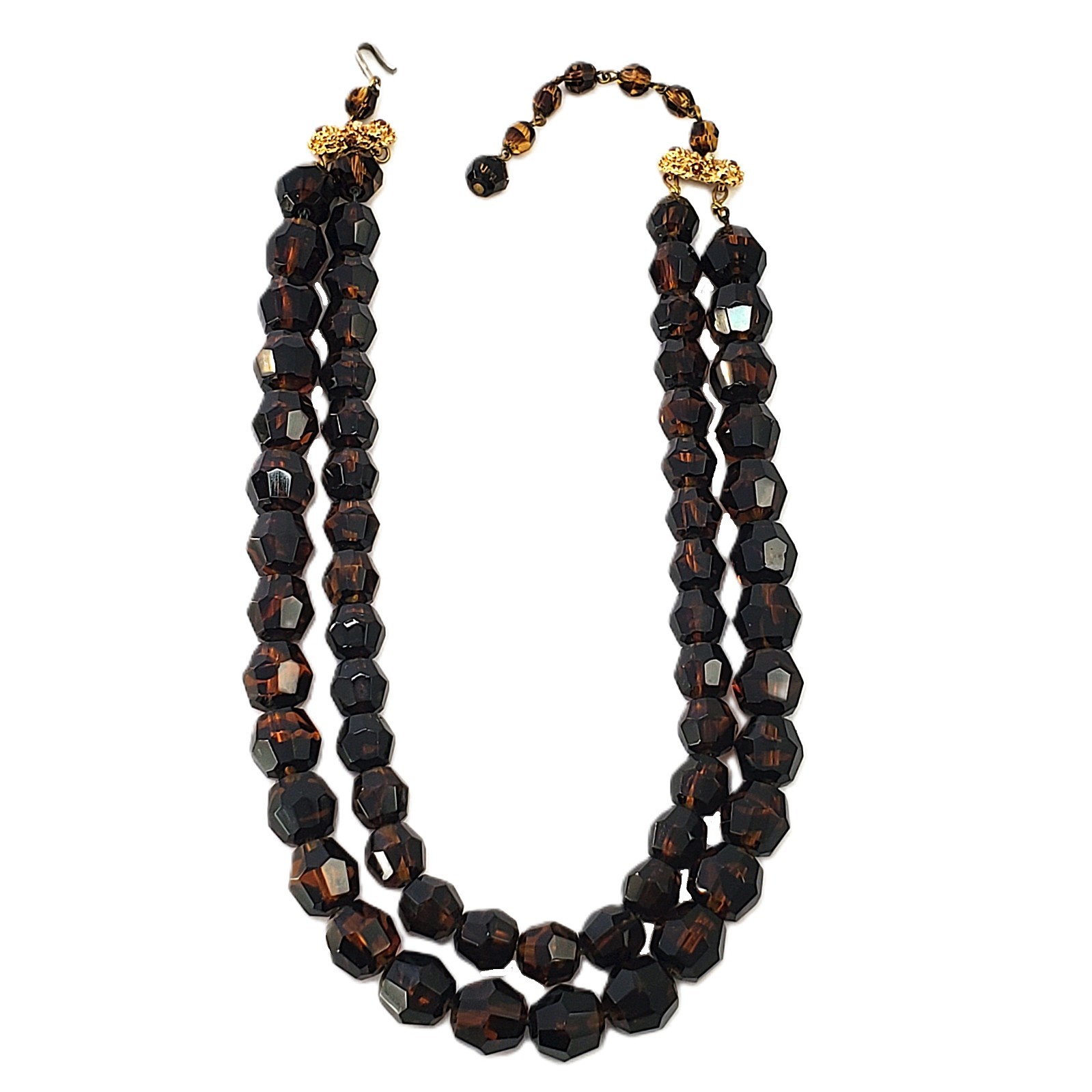 JONNE Faux Tortoise Shell Faceted GLASS Bead Necklace 2 Strand Gold Tone 15″-17″